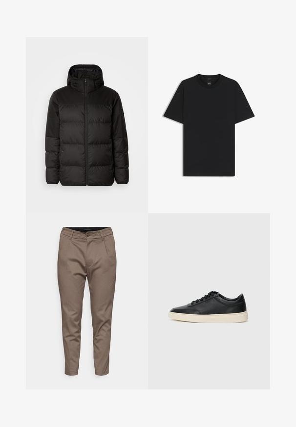 Svart puffjacka med blixtlås, huva, quiltade sektioner och elastiska mudd, tillverkad av ett slätt, vattentåligt material.; Svart kortärmad T-shirt i en mjuk bomullsblandning, med rundad halsringning och en minimalistisk design utan mönster eller detaljer.; Bruna skräddarsydda byxor med en slät textur, med knäppning fram, bälteshällor och två sidofickor.; Svart låg skor i läder med svarta snören och off-white sula, visas i sidoprofil på vit bakgrund.