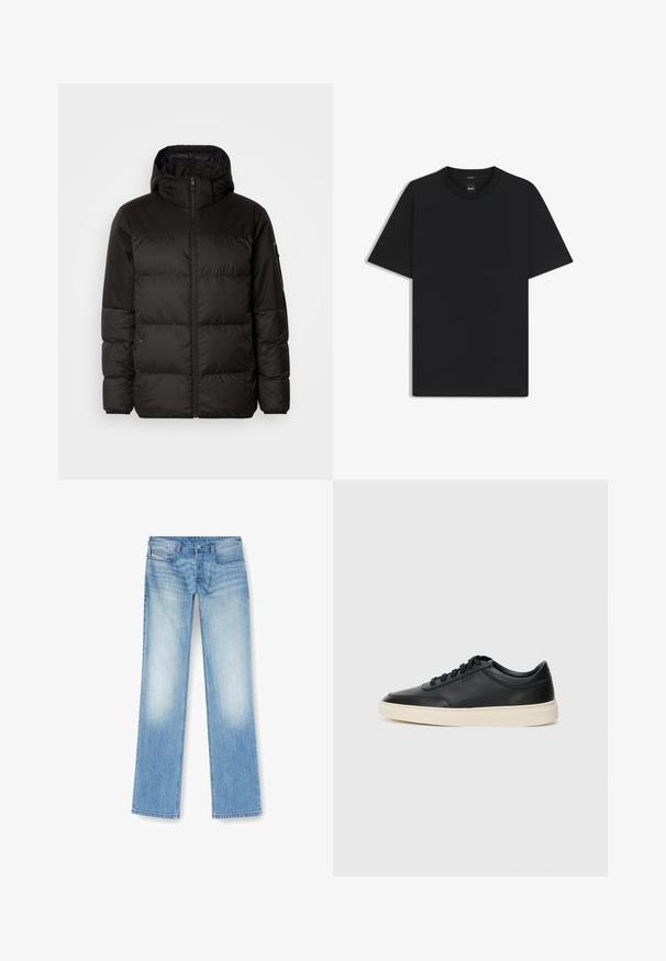 La chaqueta acolchada negra tiene un cierre de cremallera, capucha, secciones acolchadas y puños elásticos, hecha de un material suave y resistente al agua.; Camiseta negra de manga corta fabricada con una suave mezcla de algodón, que presenta un cuello redondo y un diseño minimalista sin patrones ni acentos.; Vaqueros rectos de denim de color azul claro, con un acabado desgastado, diseño de cinco bolsillos y detalles de costura visibles a lo largo de las costuras.; Zapatilla negra de piel de caña baja con cordones negros y suela color crema, mostrada en perfil lateral sobre fondo blanco.