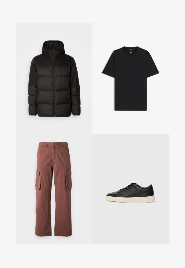 Black puffer jacket features a zip closure, a hood, quilted sections, and elastic cuffs, made from a smooth, water-resistant material.; Black short-sleeve T-shirt made from a smooth cotton blend, featuring a crew neckline and a minimalistic design with no patterns or accents.; Cargo pants in a rust color, made of durable fabric. Features large side pockets, straight legs, and button closure at the waistband.; Black low-top leather sneaker with black laces and off-white sole shown in side profile on white background.