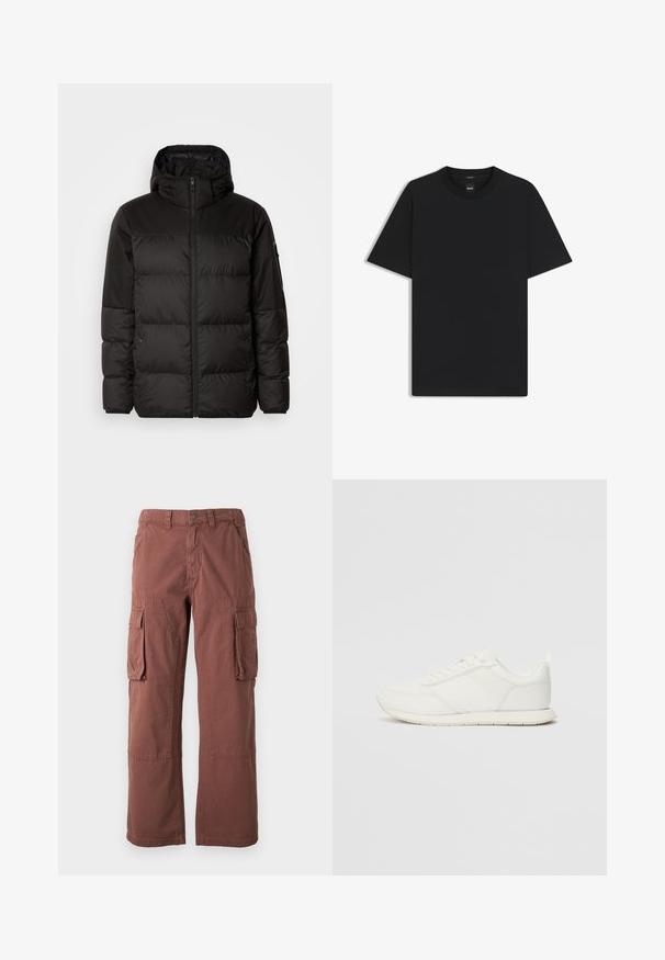Zwarte pufferjas met ritsluiting, een capuchon, gequiltte secties en elastische manchetten, gemaakt van een glad, waterafstotend materiaal.; Zwarte korte mouwen T-shirt van een gladde katoenmix, met een ronde halslijn en een minimalistisch ontwerp zonder patronen of accenten.; Cargo broek in een roestkleur, gemaakt van duurzaam materiaal. Kenmerken zijn grote zijzakken, rechte pijpen en een knoopsluiting bij de tailleband.; Witte sneaker met een bovenwerk van mesh en synthetisch materiaal, ronde neus, platte veters en een getextureerde zijstrip. Rubberen zool met een lusje aan de achterkant.