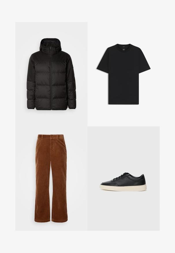 Schwarze Pufferjacke mit Reißverschluss, Kapuze, gesteppten Abschnitten und elastischen Bündchen, hergestellt aus einem glatten, wasserabweisenden Material.; Schwarz T-Shirt mit kurzen Ärmeln aus einem glatten Baumwollmix, mit Rundhalsausschnitt und einem minimalistischen Design ohne Muster oder Akzente.; Braune Cordhosen mit einem weit geschnittenen Design, das eine vertikale Rippstruktur, einen Knopfverschluss und standardmäßige Gürtelschlaufen aufweist.; Schwarzer niedriger Ledersneaker mit schwarzen Schnürsenkeln und cremefarbenem Sohlenrand, seitlich auf weißem Hintergrund dargestellt.