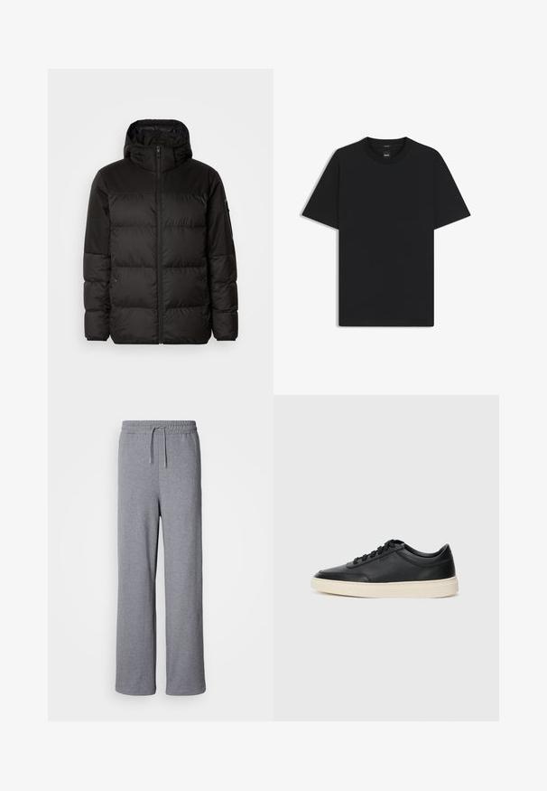 Zwarte pufferjas met ritsluiting, een capuchon, gequiltte secties en elastische manchetten, gemaakt van een glad, waterafstotend materiaal.; Zwarte korte mouwen T-shirt van een gladde katoenmix, met een ronde halslijn en een minimalistisch ontwerp zonder patronen of accenten.; Grijze, wijdvallende joggingbroek van zachte stof; voorzien van een elastische tailleband met koord en zonder zakken. Eenvoudig, onopgesmukt ontwerp.; Zwarte leren sneaker met lage schacht, zwarte veters en off-white zool, weergegeven in zijprofiel op een witte achtergrond.