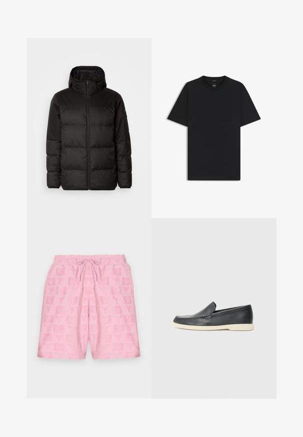 Zwarte pufferjas met ritsluiting, een capuchon, gequiltte secties en elastische manchetten, gemaakt van een glad, waterafstotend materiaal.; Zwarte korte mouwen T-shirt van een gladde katoenmix, met een ronde halslijn en een minimalistisch ontwerp zonder patronen of accenten.; Roze shorts met een elastische tailleband en trekkoord; heeft een gestructureerd patroon van logo's en symbolen over de stof.; Zwarte leren instappers met een gestructureerde afwerking en een contrasterende beige rubberen zool. Beschikt over een subtiele accent langs de voorkant.