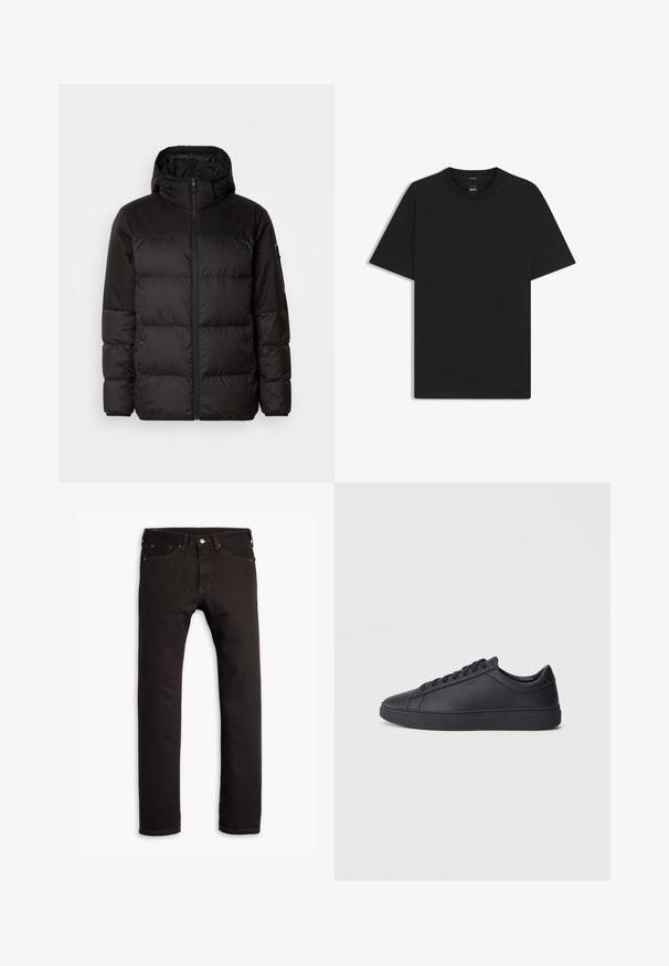 La doudoune noire est dotée d'une fermeture éclair, d'une capuche, de sections matelassées et de poignets élastiques, fabriquée à partir d'un matériau lisse et résistant à l'eau.; T-shirt noir à manches courtes en coton mélangé doux, avec un col rond et un design minimaliste sans motifs ni accents.; Jean slim noir avec cinq poches et fermeture à bouton, présenté à plat sur un fond blanc.; Baskets noires en cuir lisse avec un design bas, bout rond et semelle en caoutchouc plate. Elles sont dotées de lacets et d'un branding subtil.