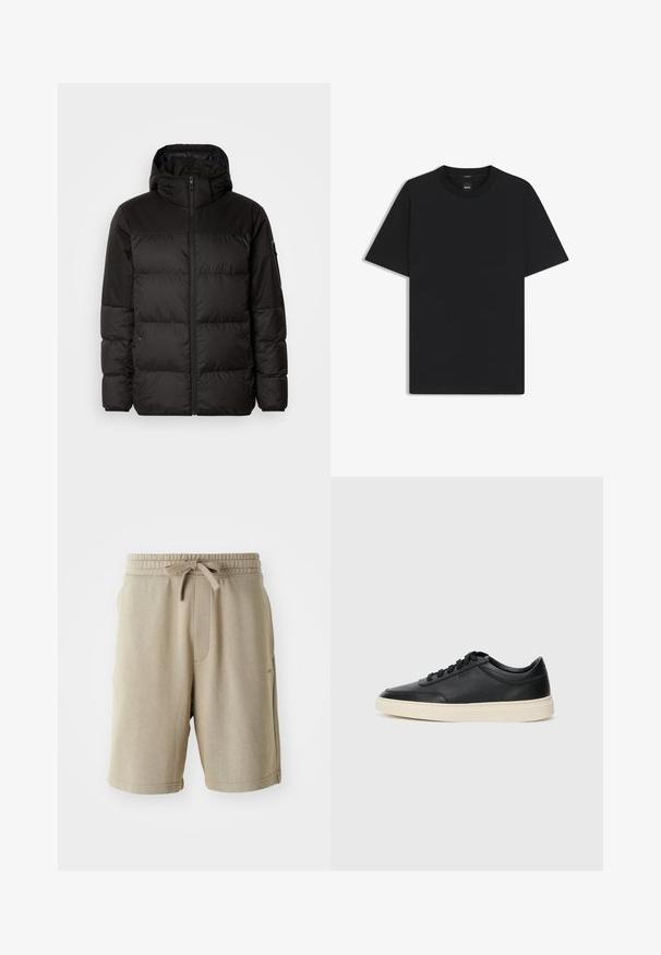 La doudoune noire est dotée d'une fermeture éclair, d'une capuche, de sections matelassées et de poignets élastiques, fabriquée à partir d'un matériau lisse et résistant à l'eau.; T-shirt noir à manches courtes en coton mélangé doux, avec un col rond et un design minimaliste sans motifs ni accents.; Shorts beiges avec une texture douce, taille élastique, cordon de serrage et poches latérales. Longueur mi-cuisse et minimalisme de la marque sur l'ourlet.; Baskets en cuir noires à tiges basses avec lacets noirs et semelle ivoire, présentées en profil latéral sur fond blanc.