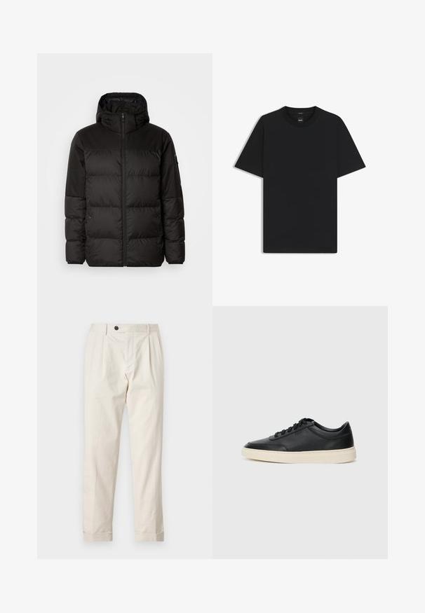 Black puffer jacket features a zip closure, a hood, quilted sections, and elastic cuffs, made from a smooth, water-resistant material.; Black short-sleeve T-shirt made from a smooth cotton blend, featuring a crew neckline and a minimalistic design with no patterns or accents.; Cream-colored trousers with a tailored fit, featuring a single button closure, pleated front, and cuffed hems. Made of lightweight fabric.; Black low-top leather sneaker with black laces and off-white sole shown in side profile on white background.