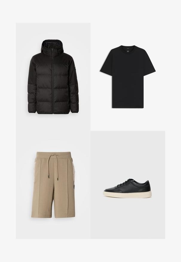 Black puffer jacket features a zip closure, a hood, quilted sections, and elastic cuffs, made from a smooth, water-resistant material.; Black short-sleeve T-shirt made from a smooth cotton blend, featuring a crew neckline and a minimalistic design with no patterns or accents.; Beige cotton shorts with an elastic waistband and drawstring. Features quilted side pockets and a logo patch on the front.; Black low-top leather sneaker with black laces and off-white sole shown in side profile on white background.