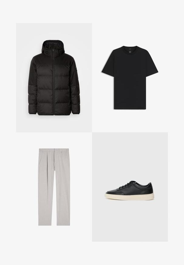 Il giubbotto puffo nero presenta una chiusura con zip, un cappuccio, sezioni trapuntate e polsini elastici, realizzato in un materiale liscio e resistente all'acqua.; Maglietta nera a maniche corte realizzata in un morbido misto cotone, con scollatura a girocollo e un design minimalista senza motivi o dettagli.; Pantaloni grigi chiari con una vestibilità comoda, dotati di una vita elasticizzata, tasche laterali e una texture liscia e tessuta.; Sneaker in pelle nera a basso profilo con lacci neri e suola avorio, mostrato di profilo su sfondo bianco.