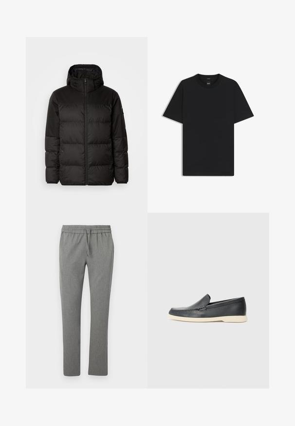 Zwarte pufferjas met ritsluiting, een capuchon, gequiltte secties en elastische manchetten, gemaakt van een glad, waterafstotend materiaal.; Zwarte korte mouwen T-shirt van een gladde katoenmix, met een ronde halslijn en een minimalistisch ontwerp zonder patronen of accenten.; Grijze, taps toelopende broek gemaakt van gewatteerde stof. Heeft een elastische Tailleband met een trekkoord, geen zakken en een gladde afwerking.; Zwarte leren instappers met een gestructureerde afwerking en een contrasterende beige rubberen zool. Beschikt over een subtiele accent langs de voorkant.