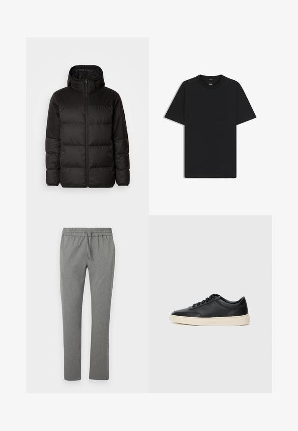 Black puffer jacket features a zip closure, a hood, quilted sections, and elastic cuffs, made from a smooth, water-resistant material.; Black short-sleeve T-shirt made from a smooth cotton blend, featuring a crew neckline and a minimalistic design with no patterns or accents.; Gray, tapered trousers made from textured fabric. Features an elastic waistband with a drawstring, no pockets, and a smooth finish.; Black low-top leather sneaker with black laces and off-white sole shown in side profile on white background.