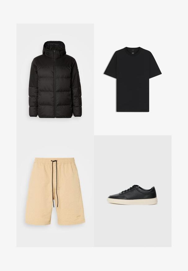 Zwarte pufferjas met ritsluiting, een capuchon, gequiltte secties en elastische manchetten, gemaakt van een glad, waterafstotend materiaal.; Zwarte korte mouwen T-shirt van een gladde katoenmix, met een ronde halslijn en een minimalistisch ontwerp zonder patronen of accenten.; Beige shorts van een gemêleerde stof, met een elastische tailleband en een zwarte trekkoord. Voorzien van een subtiele logoaccent. Recht gesneden ontwerp.; Zwarte leren sneaker met lage schacht, zwarte veters en off-white zool, weergegeven in zijprofiel op een witte achtergrond.