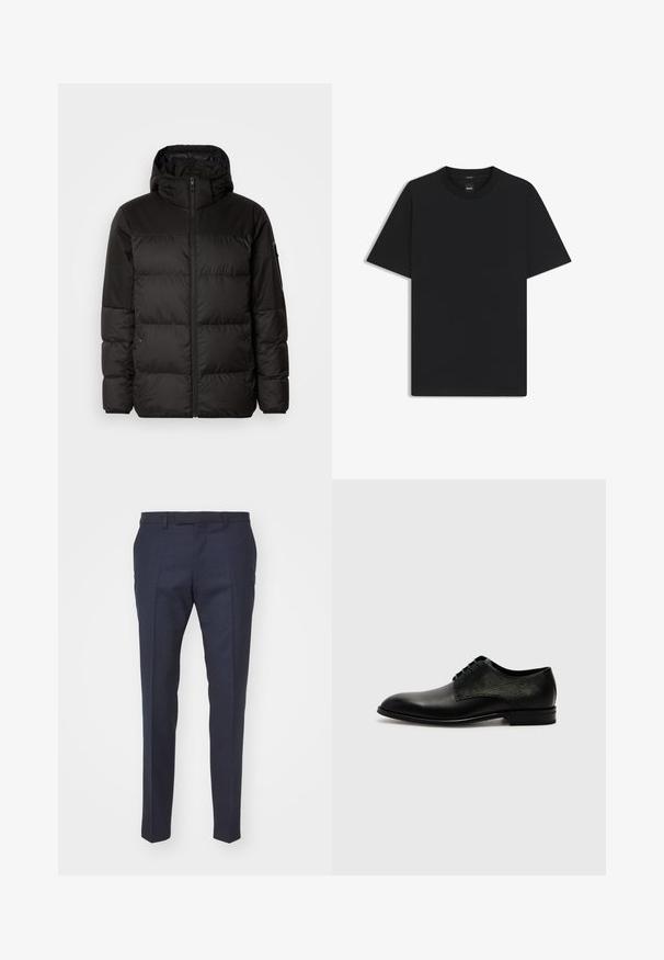 Schwarze Pufferjacke mit Reißverschluss, Kapuze, gesteppten Abschnitten und elastischen Bündchen, hergestellt aus einem glatten, wasserabweisenden Material.; Schwarz T-Shirt mit kurzen Ärmeln aus einem glatten Baumwollmix, mit Rundhalsausschnitt und einem minimalistischen Design ohne Muster oder Akzente.; Marineblaue, maßgeschneiderte Hosen mit glatter Textur, flachem Bund, Bügelfalten und schmalem Schnitt, geeignet für formelle Anlässe.; Schwarze Lederschuhe mit einer glatten Oberfläche vorne und einem strukturierten Einsatz an der Seite, abgerundet mit einer runden Zehenform und Schnürdesign.