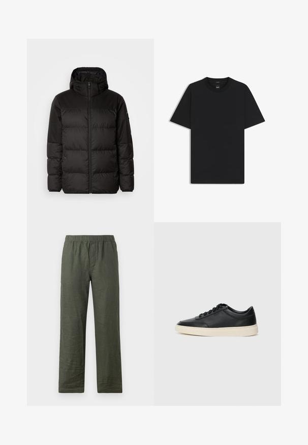 Schwarze Pufferjacke mit Reißverschluss, Kapuze, gesteppten Abschnitten und elastischen Bündchen, hergestellt aus einem glatten, wasserabweisenden Material.; Schwarz T-Shirt mit kurzen Ärmeln aus einem glatten Baumwollmix, mit Rundhalsausschnitt und einem minimalistischen Design ohne Muster oder Akzente.; Dunkelgrüne Leinenhose mit elastischem Bund, geradem Bein und leicht geraffter Textur. Keine sichtbaren Beschläge oder Muster.; Schwarzer niedriger Ledersneaker mit schwarzen Schnürsenkeln und cremefarbenem Sohlenrand, seitlich auf weißem Hintergrund dargestellt.