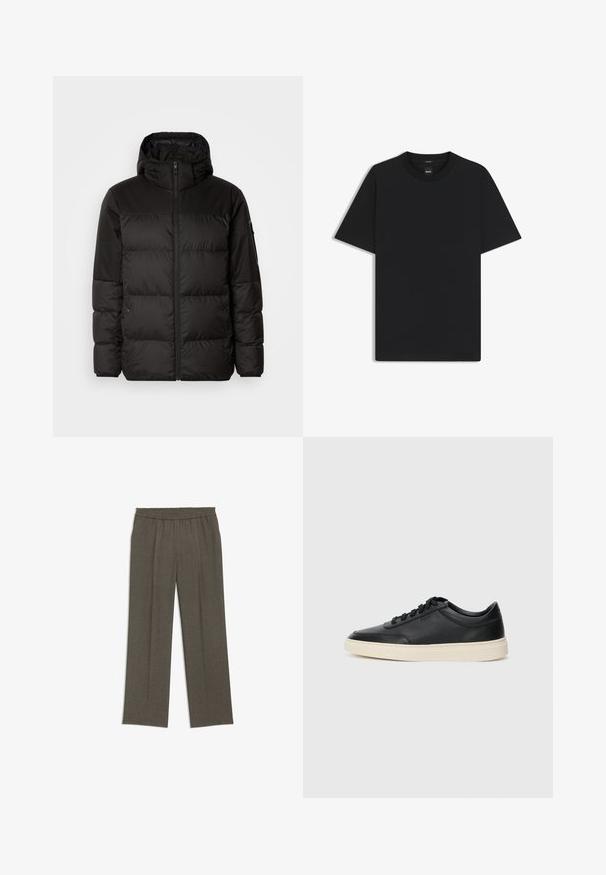 Czarna kurtka puchowa z zapięciem na zamek, kapturem, pikowanymi sekcjami i elastycznymi mankietami, wykonana z gładkiego, wodoodpornego materiału.; Czarny t-shirt krótki rękaw wykonany z gładkiej mieszanki bawełny, z okrągłym dekoltem i minimalistycznym designem bez wzorów czy akcentów.; Spodnie o szerokich nogawkach w ciemnoszarym materiale z elastycznym pasem, z teksturowanym splotem i bez widocznych kieszeni oraz zapięć.; Czarne niskie skórzane sneakersy z czarnymi sznurówkami i off-white podeszwą, prezentowane w profilu bocznym na białym tle.
