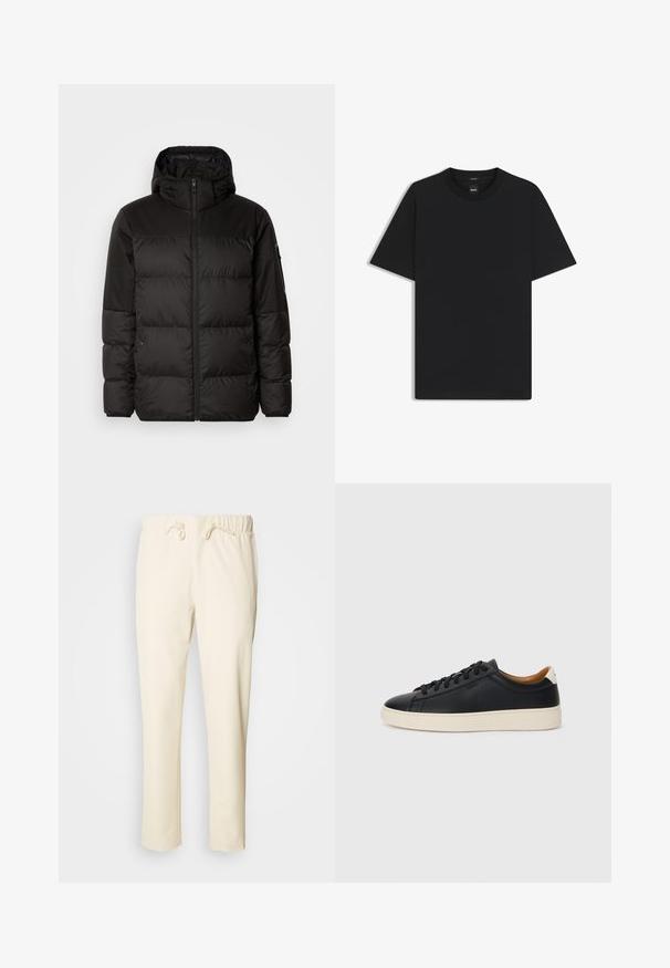 La chaqueta acolchada negra tiene un cierre de cremallera, capucha, secciones acolchadas y puños elásticos, hecha de un material suave y resistente al agua.; Camiseta negra de manga corta fabricada con una suave mezcla de algodón, que presenta un cuello redondo y un diseño minimalista sin patrones ni acentos.; Pantalones de corte relajado en un beige claro, fabricados con un tejido suave, que cuentan con una cintura elástica con cordón y bolsillos laterales.; Zapatillas negras de cuero con una textura suave, suela de goma beige, diseño de cordones y un acento en el talón de color contrastante.