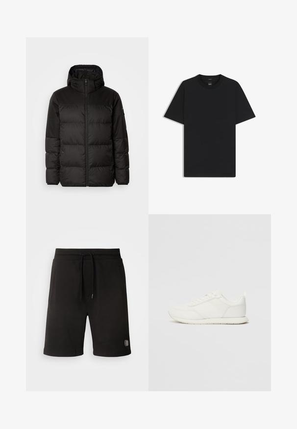 La doudoune noire est dotée d'une fermeture éclair, d'une capuche, de sections matelassées et de poignets élastiques, fabriquée à partir d'un matériau lisse et résistant à l'eau.; T-shirt noir à manches courtes en coton mélangé doux, avec un col rond et un design minimaliste sans motifs ni accents.; HUGO Pantalon de survêtement - black; Sneaker blanche avec une tige en mesh et en synthétique, bout rond, lacets plats et une bande latérale texturée. Semelle en caoutchouc avec une languette à l'arrière.