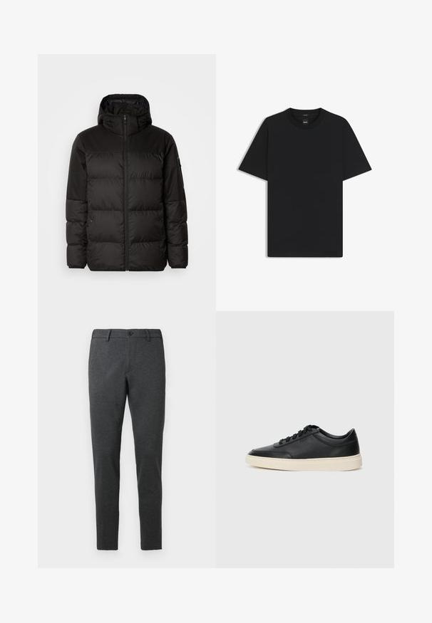 Sort pufferjakke med lynlås, hætte, quiltede sektioner og elastiske manchetter, lavet af et glat, vandafvisende materiale.; Sort kortærmet T-shirt lavet af en glat bomuldsblanding, med en rund halsudskæring og et minimalistisk design uden mønstre eller accenter.; Mørkegrå bukser lavet af et struktureret stof. Tætsiddende design med lige ben, med en enkelt knaplukning og bæltesløjfer.; Sort lavt top lædersneaker med sorte snørebånd og off-white sål vist i sideprofil på hvid baggrund.