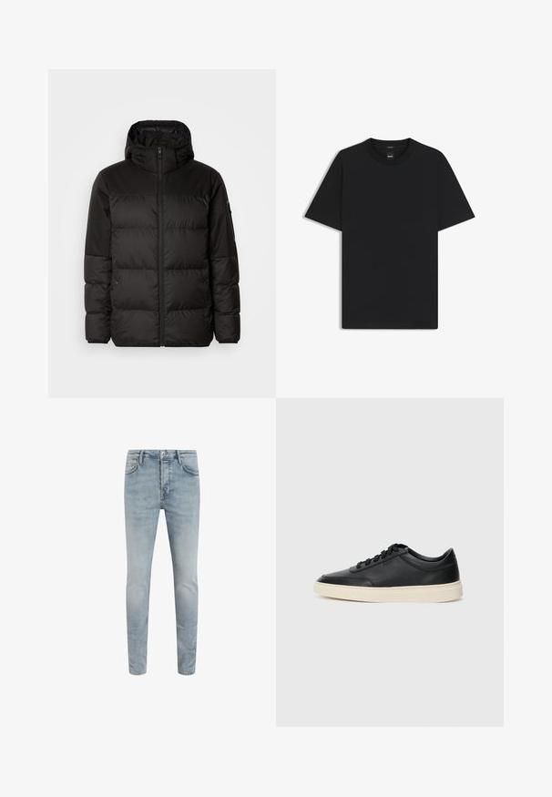 Musta puhvijakku sisältää vetoketjun, hupun, tilkuista koostuvia osioita ja joustavat hihansuut. Se on valmistettu sileästä, vedenpitävästä materiaalista.; Musta lyhythiha T-paita, joka on valmistettu sileästä puuvillasekoitteesta. Paita on varustettu pyöreällä pääntiehen ja siinä on minimaalinen muotoilu ilman kuvioita tai yksityiskohtia.; Vaaleansiniset farkut, slim fit -malli, keskiakinen vyötärö, viisi taskua, vetoketju ja nappikiinnitys, sekä hienovarainen kulunut tekstuuri kauttaaltaan.; Musta matalavartinen nahkastretchu, jossa on mustat nauhat ja vaaleanharmaa pohja, esitetty sivuprofiilissa valkoista taustaa vasten.