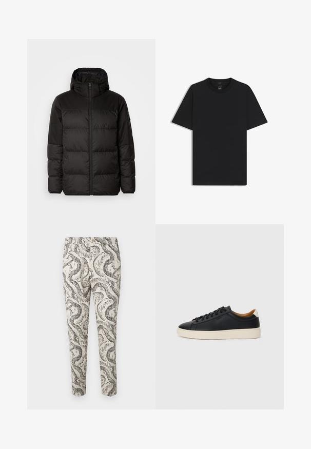 Black puffer jacket features a zip closure, a hood, quilted sections, and elastic cuffs, made from a smooth, water-resistant material.; Black short-sleeve T-shirt made from a smooth cotton blend, featuring a crew neckline and a minimalistic design with no patterns or accents.; Patterned trousers featuring a snake design in black and gray on a light beige background, with a button closure and slim fit.; Black leather sneakers with a smooth texture, beige rubber sole, lace-up design, and a contrasting heel accent.