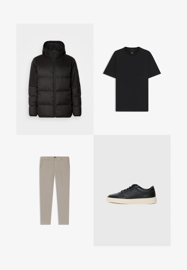 Czarna kurtka puchowa z zapięciem na zamek, kapturem, pikowanymi sekcjami i elastycznymi mankietami, wykonana z gładkiego, wodoodpornego materiału.; Czarny t-shirt krótki rękaw wykonany z gładkiej mieszanki bawełny, z okrągłym dekoltem i minimalistycznym designem bez wzorów czy akcentów.; Beżowe spodnie o prostym kroju, uszyte z gładkiego materiału, z dwiema przednimi kieszeniami, zapięciem na guzik oraz minimalnymi detalami szwów.; Czarne niskie skórzane sneakersy z czarnymi sznurówkami i off-white podeszwą, prezentowane w profilu bocznym na białym tle.