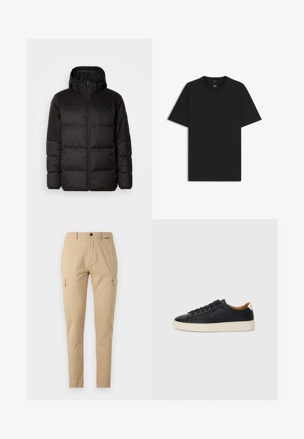 Zwarte pufferjas met ritsluiting, een capuchon, gequiltte secties en elastische manchetten, gemaakt van een glad, waterafstotend materiaal.; Zwarte korte mouwen T-shirt van een gladde katoenmix, met een ronde halslijn en een minimalistisch ontwerp zonder patronen of accenten.; Khaki cargobroek met rechte snit, voorzien van twee zijzakken, een knoopsluiting en een soepele katoenen stof.; Zwarte leren sneakers met een gladde textuur, beige rubberen zool, vetersluiting en een contrasterende hielaccent.