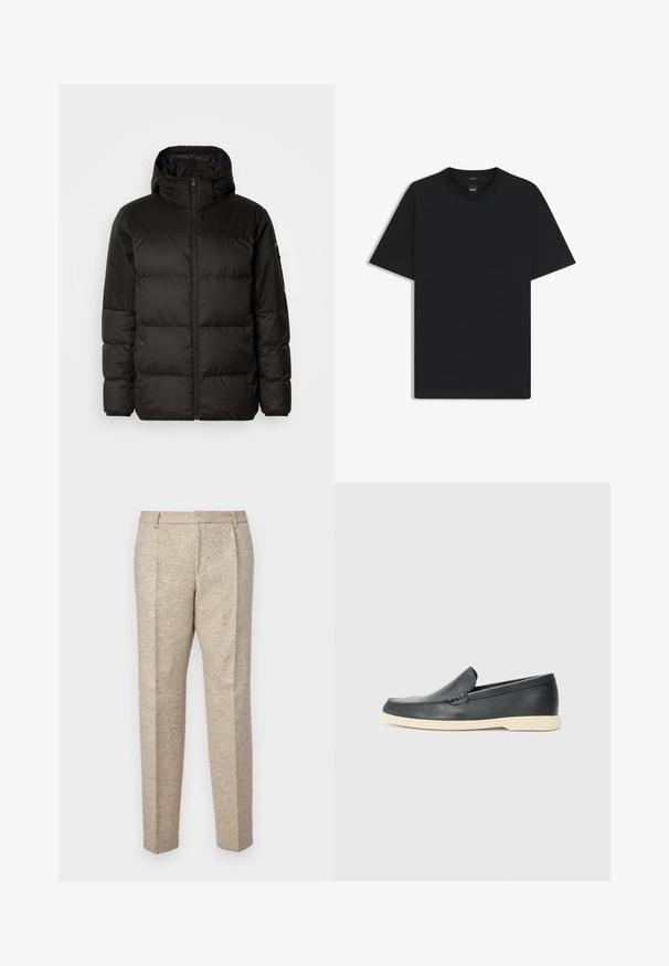 La chaqueta acolchada negra tiene un cierre de cremallera, capucha, secciones acolchadas y puños elásticos, hecha de un material suave y resistente al agua.; Camiseta negra de manga corta fabricada con una suave mezcla de algodón, que presenta un cuello redondo y un diseño minimalista sin patrones ni acentos.; Pantalones beiges ajustados de tela texturizada, con dos pliegues frontales, trabillas para cinturón y un diseño de pierna recta.; Mocasines de piel negra sin cordones con un acabado texturizado y una suela de goma beige en contraste. Presentan un sutil acento en la parte frontal.