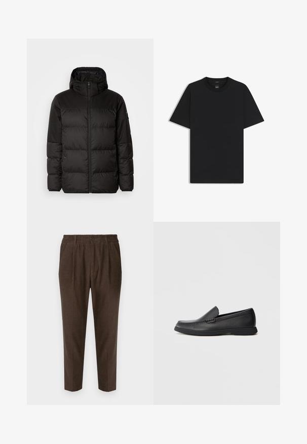 Black puffer jacket features a zip closure, a hood, quilted sections, and elastic cuffs, made from a smooth, water-resistant material.; Black short-sleeve T-shirt made from a smooth cotton blend, featuring a crew neckline and a minimalistic design with no patterns or accents.; Brown corduroy pants with a relaxed fit, featuring front pleats and a button closure at the waistband. Smooth texture and tapered legs.; Black leather slip-on loafer with textured upper, rounded toe, low heel, and rubber sole, shown in side profile on white background.