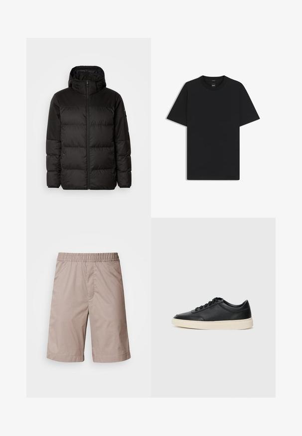Schwarze Pufferjacke mit Reißverschluss, Kapuze, gesteppten Abschnitten und elastischen Bündchen, hergestellt aus einem glatten, wasserabweisenden Material.; Schwarz T-Shirt mit kurzen Ärmeln aus einem glatten Baumwollmix, mit Rundhalsausschnitt und einem minimalistischen Design ohne Muster oder Akzente.; Beige Shorts mit elastischem Bund, glatter Textur, knielangem Schnitt und ohne sichtbare Muster oder Hardwaredetails.; Schwarzer niedriger Ledersneaker mit schwarzen Schnürsenkeln und cremefarbenem Sohlenrand, seitlich auf weißem Hintergrund dargestellt.