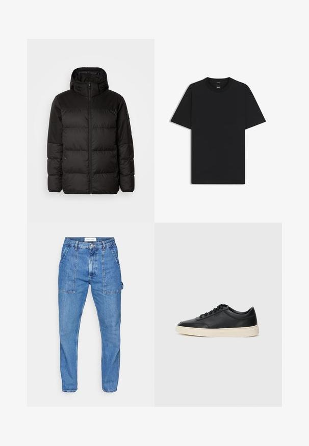 La chaqueta acolchada negra tiene un cierre de cremallera, capucha, secciones acolchadas y puños elásticos, hecha de un material suave y resistente al agua.; Camiseta negra de manga corta fabricada con una suave mezcla de algodón, que presenta un cuello redondo y un diseño minimalista sin patrones ni acentos.; Jeans de mezclilla azul claro con un corte de cintura alta, piernas rectas y bolsillos delanteros tipo parche. Presenta costuras en contraste y un cierre de botón.; Zapatilla negra de piel de caña baja con cordones negros y suela color crema, mostrada en perfil lateral sobre fondo blanco.