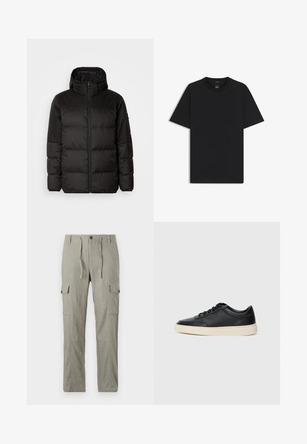 Zwarte pufferjas met ritsluiting, een capuchon, gequiltte secties en elastische manchetten, gemaakt van een glad, waterafstotend materiaal.; Zwarte korte mouwen T-shirt van een gladde katoenmix, met een ronde halslijn en een minimalistisch ontwerp zonder patronen of accenten.; Lichtgrijze cargobroek gemaakt van gestructureerde stof, met een trekkoord in de taille, een knoopsluiting aan de voorkant en meerdere zijzakken.; Zwarte leren sneaker met lage schacht, zwarte veters en off-white zool, weergegeven in zijprofiel op een witte achtergrond.