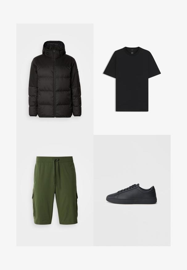 Zwarte pufferjas met ritsluiting, een capuchon, gequiltte secties en elastische manchetten, gemaakt van een glad, waterafstotend materiaal.; Zwarte korte mouwen T-shirt van een gladde katoenmix, met een ronde halslijn en een minimalistisch ontwerp zonder patronen of accenten.; Olijfgroene cargoshorts met een elastische tailleband, verstelbaar trekkoord en zijzakken voor opbergruimte. Gladde stof, knielange pasvorm.; Zwarte sneakers van glad leer met een lage schacht, ronde neus en platte rubberen zool. Voorzien van veters en subtiele branding.