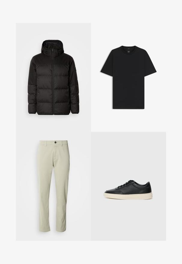 Black puffer jacket features a zip closure, a hood, quilted sections, and elastic cuffs, made from a smooth, water-resistant material.; Black short-sleeve T-shirt made from a smooth cotton blend, featuring a crew neckline and a minimalistic design with no patterns or accents.; Beige cotton chinos with a straight cut, zipper fly, and a single button closure. Features belt loops and a smooth texture.; Black low-top leather sneaker with black laces and off-white sole shown in side profile on white background.