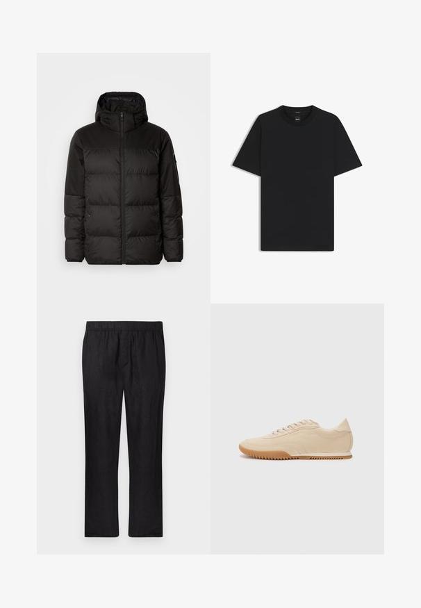 Schwarze Pufferjacke mit Reißverschluss, Kapuze, gesteppten Abschnitten und elastischen Bündchen, hergestellt aus einem glatten, wasserabweisenden Material.; Schwarz T-Shirt mit kurzen Ärmeln aus einem glatten Baumwollmix, mit Rundhalsausschnitt und einem minimalistischen Design ohne Muster oder Akzente.; Schwarze Leinenhose mit elastischem Bund und geradem Bein. Leichter Stoff mit glatter Textur, ohne sichtbare Muster oder Verzierungen.; Beige Wildledersneaker mit einem schlanken Design, einer strukturierten Oberseite, abgerundetem Fuß und einer Gummisohle mit Zickzackmuster.