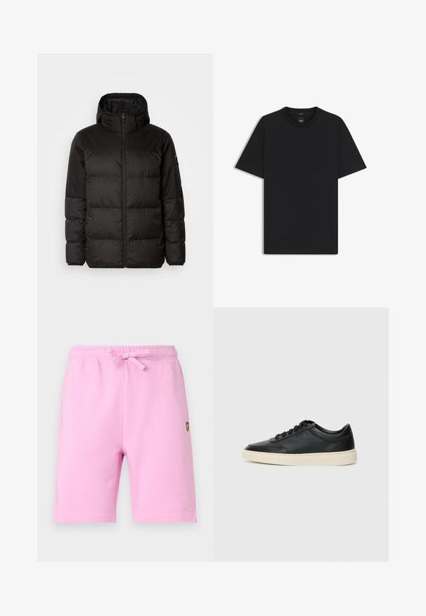 Schwarze Pufferjacke mit Reißverschluss, Kapuze, gesteppten Abschnitten und elastischen Bündchen, hergestellt aus einem glatten, wasserabweisenden Material.; Schwarz T-Shirt mit kurzen Ärmeln aus einem glatten Baumwollmix, mit Rundhalsausschnitt und einem minimalistischen Design ohne Muster oder Akzente.; Hellrosa Baumwollshorts mit elastischem Bund und Kordelzug, versehen mit einem kleinen bestickten Logo in der linken unteren Ecke.; Schwarzer niedriger Ledersneaker mit schwarzen Schnürsenkeln und cremefarbenem Sohlenrand, seitlich auf weißem Hintergrund dargestellt.