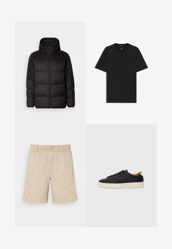 Black puffer jacket features a zip closure, a hood, quilted sections, and elastic cuffs, made from a smooth, water-resistant material.; Black short-sleeve T-shirt made from a smooth cotton blend, featuring a crew neckline and a minimalistic design with no patterns or accents.; Beige cotton shorts with elastic waist, front button, and two side pockets. Features subtle stitching and a small logo on the side.; Black leather sneakers with a smooth texture, beige rubber sole, lace-up design, and a contrasting heel accent.