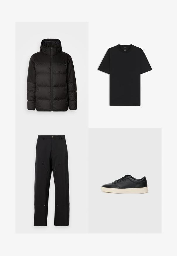 Czarna kurtka puchowa z zapięciem na zamek, kapturem, pikowanymi sekcjami i elastycznymi mankietami, wykonana z gładkiego, wodoodpornego materiału.; Czarny t-shirt krótki rękaw wykonany z gładkiej mieszanki bawełny, z okrągłym dekoltem i minimalistycznym designem bez wzorów czy akcentów.; Czarne spodnie wykonane z miękkiego, elastycznego materiału. Do cech należy podwójna kieszeń z przodu, mosiężne akcenty oraz prosty krój nogawki.; Czarne niskie skórzane sneakersy z czarnymi sznurówkami i off-white podeszwą, prezentowane w profilu bocznym na białym tle.