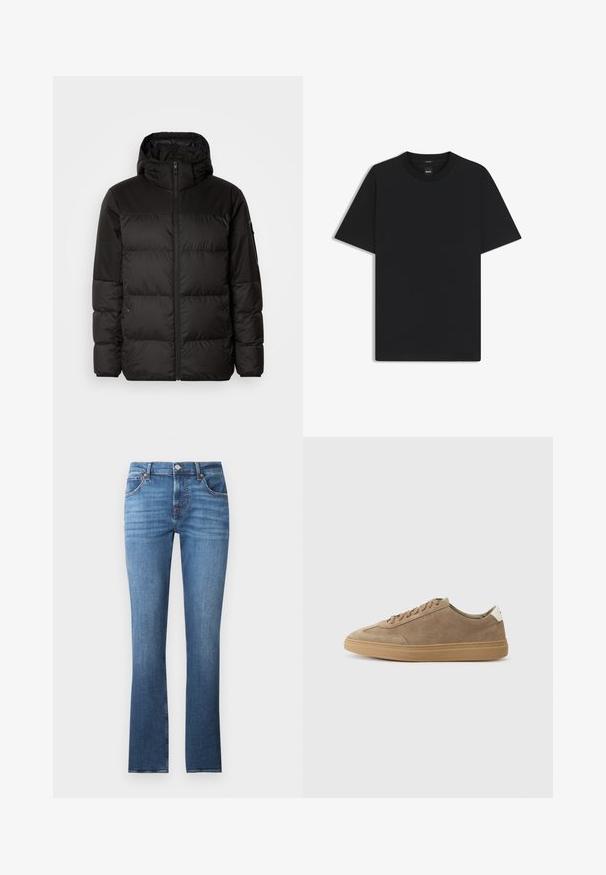 Musta puhvijakku sisältää vetoketjun, hupun, tilkuista koostuvia osioita ja joustavat hihansuut. Se on valmistettu sileästä, vedenpitävästä materiaalista.; Musta lyhythiha T-paita, joka on valmistettu sileästä puuvillasekoitteesta. Paita on varustettu pyöreällä pääntiehen ja siinä on minimaalinen muotoilu ilman kuvioita tai yksityiskohtia.; Siniset farkut suoran lahkeen muotoilulla, jossa on vaaleaa kulumista, viisi taskua ja metalliosat. Vyötäröosassa on vyölenkit.; Naharja kengät vaaleanruskeasta mokasta, joissa on kumipohja. Varustettu naru- ja yksinkertaisella tyylillä, jota korostaa valkoinen kantapään nauha.