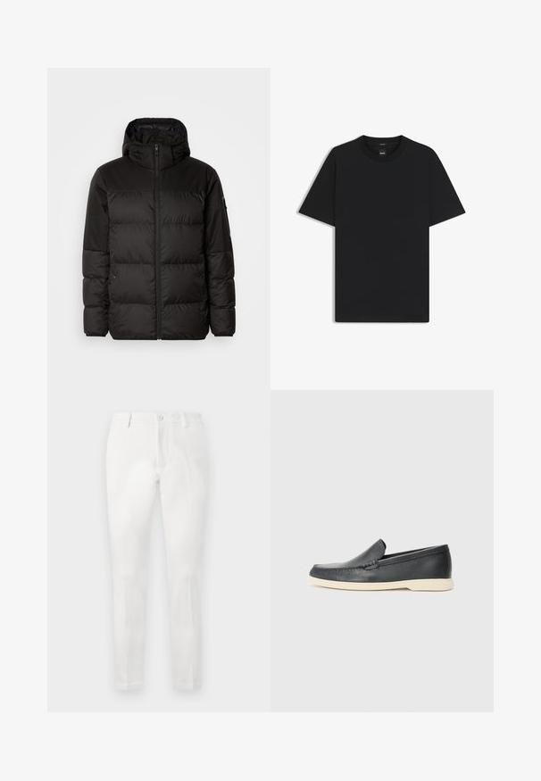 Sort pufferjakke med lynlås, hætte, quiltede sektioner og elastiske manchetter, lavet af et glat, vandafvisende materiale.; Sort kortærmet T-shirt lavet af en glat bomuldsblanding, med en rund halsudskæring og et minimalistisk design uden mønstre eller accenter.; Hvide bukser med skræddersyet pasform, der har en flad front, to sidelommer og en enkelt baglomme. Lavet af glat stof.; Sorte læder slip-on loafers med en struktureret overflade og en kontrasterende beige gummisål. Har en subtil detalje langs forsiden.