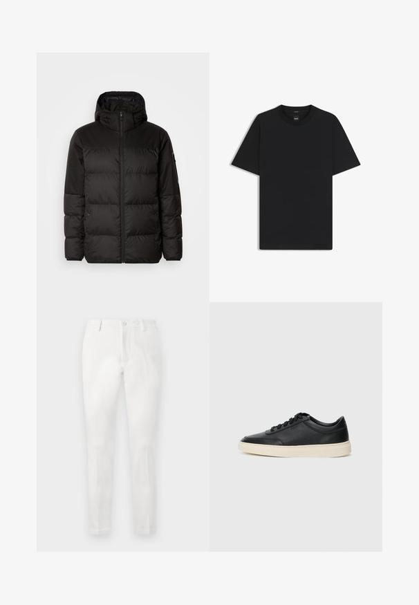 Zwarte pufferjas met ritsluiting, een capuchon, gequiltte secties en elastische manchetten, gemaakt van een glad, waterafstotend materiaal.; Zwarte korte mouwen T-shirt van een gladde katoenmix, met een ronde halslijn en een minimalistisch ontwerp zonder patronen of accenten.; Witte broek met een getailleerde pasvorm, voorzien van een gladde voorkant, twee zijzakken en een enkele achterzak. Gemaakt van een soepele stof.; Zwarte leren sneaker met lage schacht, zwarte veters en off-white zool, weergegeven in zijprofiel op een witte achtergrond.