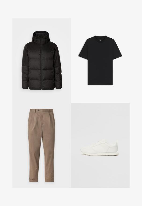 Schwarze Pufferjacke mit Reißverschluss, Kapuze, gesteppten Abschnitten und elastischen Bündchen, hergestellt aus einem glatten, wasserabweisenden Material.; Schwarz T-Shirt mit kurzen Ärmeln aus einem glatten Baumwollmix, mit Rundhalsausschnitt und einem minimalistischen Design ohne Muster oder Akzente.; Khakihosen mit taillierter Passform, ausgestattet mit einer vorderen Falte, einem Knopfverschluss und umgeschlagenen Säumen. Hergestellt aus einem leichten Baumwoll-Mischgewebe.; Weißer Sneaker mit einem Obermaterial aus Mesh und Synthetik, runder Zehenform, flachen Schnürsenkeln und einem strukturierten Seitenstreifen. Gummisohle mit einer Lasche hinten.