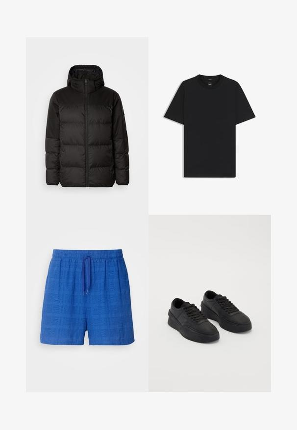 Black puffer jacket features a zip closure, a hood, quilted sections, and elastic cuffs, made from a smooth, water-resistant material.; Black short-sleeve T-shirt made from a smooth cotton blend, featuring a crew neckline and a minimalistic design with no patterns or accents.; Blue textured shorts featuring a grid pattern, an elastic waistband with a drawstring, and a loose fit for comfort.; Black sneakers made of smooth leather with a cushioned sole. Features include flat laces, perforations on the toe, and a sleek silhouette.
