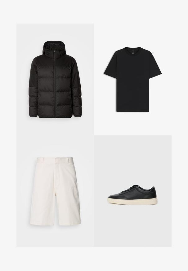 Schwarze Pufferjacke mit Reißverschluss, Kapuze, gesteppten Abschnitten und elastischen Bündchen, hergestellt aus einem glatten, wasserabweisenden Material.; Schwarz T-Shirt mit kurzen Ärmeln aus einem glatten Baumwollmix, mit Rundhalsausschnitt und einem minimalistischen Design ohne Muster oder Akzente.; Weiße Baumwollshorts mit einem lockeren Schnitt, ausgestattet mit zwei vorderen Taschen, einem Reißverschluss und einer glatten Textur. Sauberes, einfaches Design ohne Muster.; Schwarzer niedriger Ledersneaker mit schwarzen Schnürsenkeln und cremefarbenem Sohlenrand, seitlich auf weißem Hintergrund dargestellt.