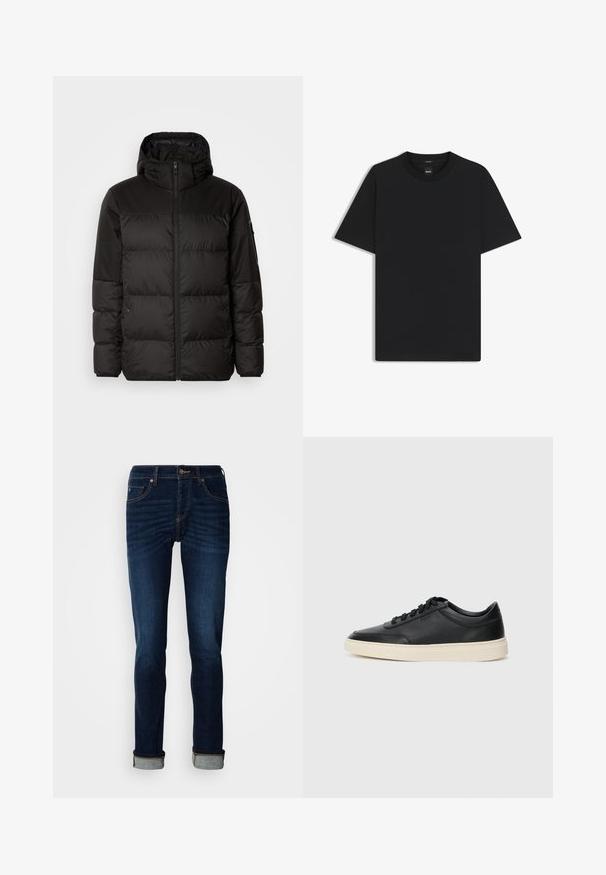 Zwarte pufferjas met ritsluiting, een capuchon, gequiltte secties en elastische manchetten, gemaakt van een glad, waterafstotend materiaal.; Zwarte korte mouwen T-shirt van een gladde katoenmix, met een ronde halslijn en een minimalistisch ontwerp zonder patronen of accenten.; Donkerblauwe jeans met een recht gesneden ontwerp, ritsingang en opgerolde onderkant. Gemaakt van denim met lichte vervaging en contrasterende stikseldetails.; Zwarte leren sneaker met lage schacht, zwarte veters en off-white zool, weergegeven in zijprofiel op een witte achtergrond.