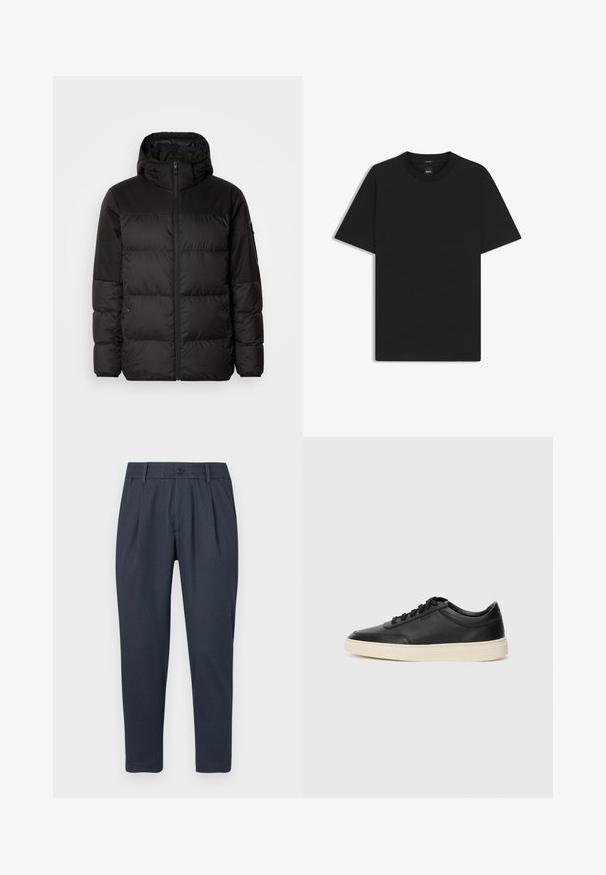 Black puffer jacket features a zip closure, a hood, quilted sections, and elastic cuffs, made from a smooth, water-resistant material.; Black short-sleeve T-shirt made from a smooth cotton blend, featuring a crew neckline and a minimalistic design with no patterns or accents.; Dark blue trousers with a textured fabric, flat front, and tapered leg design. Features a button closure and side pockets.; Black low-top leather sneaker with black laces and off-white sole shown in side profile on white background.