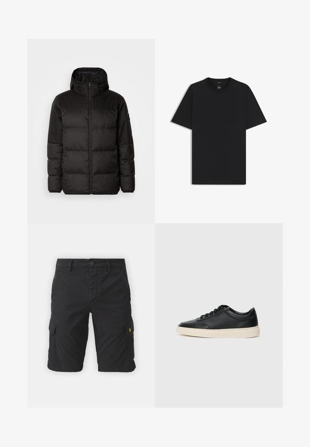 Musta puhvijakku sisältää vetoketjun, hupun, tilkuista koostuvia osioita ja joustavat hihansuut. Se on valmistettu sileästä, vedenpitävästä materiaalista.; Musta lyhythiha T-paita, joka on valmistettu sileästä puuvillasekoitteesta. Paita on varustettu pyöreällä pääntiehen ja siinä on minimaalinen muotoilu ilman kuvioita tai yksityiskohtia.; Mustat cargo-shortsit, jotka on valmistettu puuvillasekoitteesta, sisältävät sivutaskuja, napin kiinnityksen ja pienen keltaisen logon vasemmassa taskussa.; Musta matalavartinen nahkastretchu, jossa on mustat nauhat ja vaaleanharmaa pohja, esitetty sivuprofiilissa valkoista taustaa vasten.