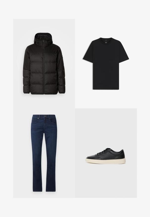 La doudoune noire est dotée d'une fermeture éclair, d'une capuche, de sections matelassées et de poignets élastiques, fabriquée à partir d'un matériau lisse et résistant à l'eau.; T-shirt noir à manches courtes en coton mélangé doux, avec un col rond et un design minimaliste sans motifs ni accents.; Jeans en denim bleu marine avec une coupe droite, dotés d'une fermeture à boutons et à zip à l'avant, et d'un style classique à cinq poches.; Baskets en cuir noires à tiges basses avec lacets noirs et semelle ivoire, présentées en profil latéral sur fond blanc.