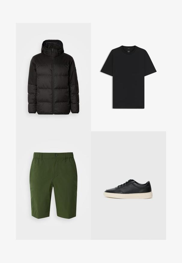 Schwarze Pufferjacke mit Reißverschluss, Kapuze, gesteppten Abschnitten und elastischen Bündchen, hergestellt aus einem glatten, wasserabweisenden Material.; Schwarz T-Shirt mit kurzen Ärmeln aus einem glatten Baumwollmix, mit Rundhalsausschnitt und einem minimalistischen Design ohne Muster oder Akzente.; Dunkelgrüne Shorts mit einem elastischen Bund und einem einzigen Knopfverschluss. Glattes, leichtes Material mit zwei Seitentaschen und einer taillierten Passform.; Schwarzer niedriger Ledersneaker mit schwarzen Schnürsenkeln und cremefarbenem Sohlenrand, seitlich auf weißem Hintergrund dargestellt.