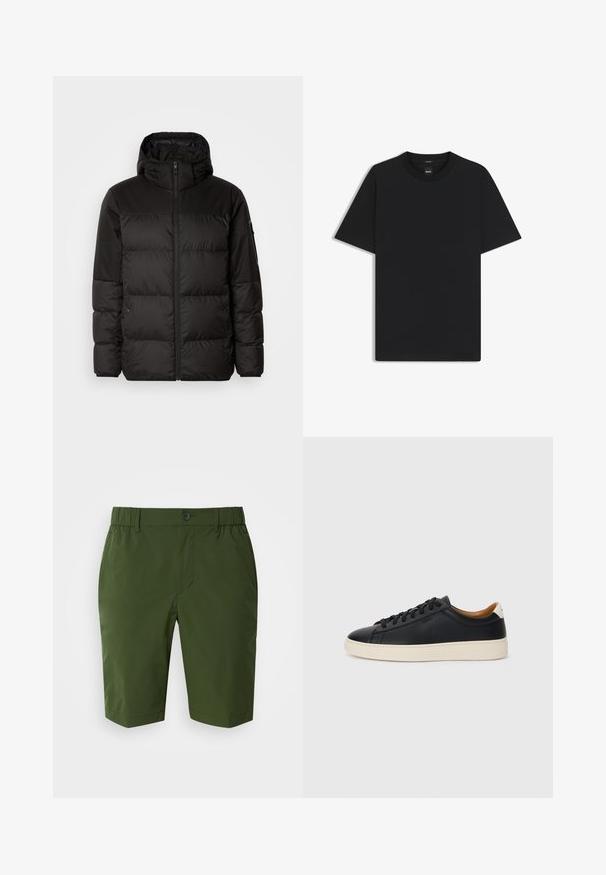 Il giubbotto puffo nero presenta una chiusura con zip, un cappuccio, sezioni trapuntate e polsini elastici, realizzato in un materiale liscio e resistente all'acqua.; Maglietta nera a maniche corte realizzata in un morbido misto cotone, con scollatura a girocollo e un design minimalista senza motivi o dettagli.; Shorts verde scuro con vita elasticizzata e chiusura a un bottone. Tessuto liscio e leggero, con due tasche laterali e una vestibilità su misura.; Sneakers in pelle nera con una texture liscia, suola in gomma beige, design con lacci e un accento del tacco in contrasto.