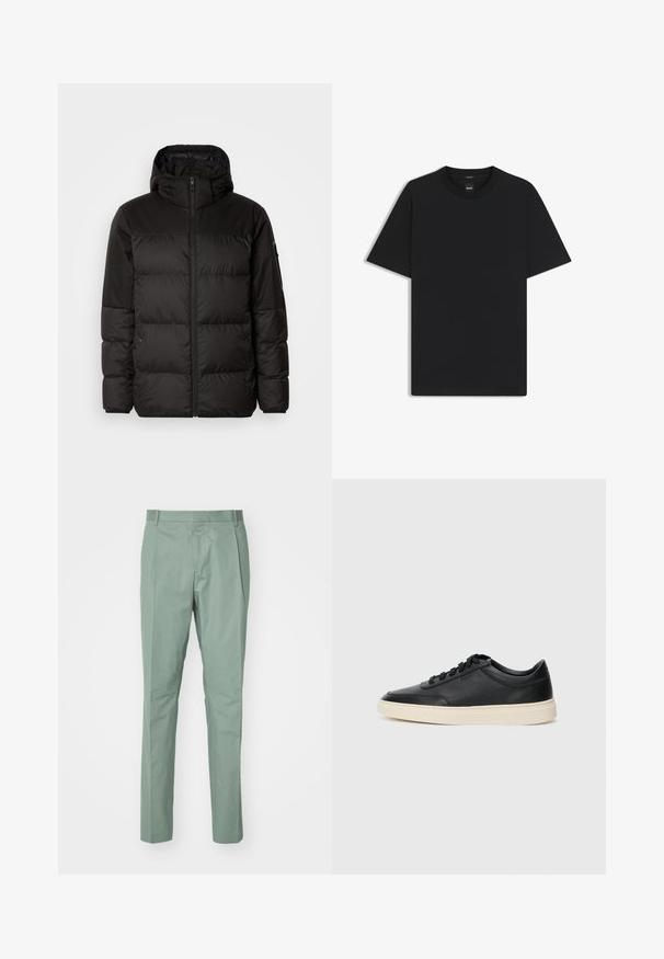 Zwarte pufferjas met ritsluiting, een capuchon, gequiltte secties en elastische manchetten, gemaakt van een glad, waterafstotend materiaal.; Zwarte korte mouwen T-shirt van een gladde katoenmix, met een ronde halslijn en een minimalistisch ontwerp zonder patronen of accenten.; Lichtgroene broek met een rechte pasvorm, met een vlakke tailleband, twee zijzakken en een gladde stoftextuur. Geen zichtbare patronen of metalen onderdelen.; Zwarte leren sneaker met lage schacht, zwarte veters en off-white zool, weergegeven in zijprofiel op een witte achtergrond.