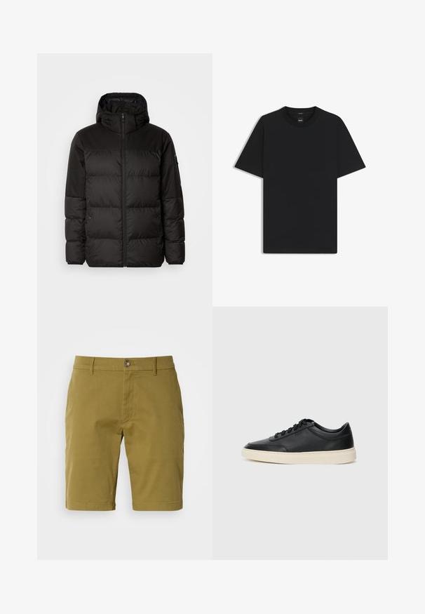 Svart puffjacka med blixtlås, huva, quiltade sektioner och elastiska mudd, tillverkad av ett slätt, vattentåligt material.; Svart kortärmad T-shirt i en mjuk bomullsblandning, med rundad halsringning och en minimalistisk design utan mönster eller detaljer.; Olivgröna shorts i bomullsblandning, med knappstängning framtill, bälteslingor och sidofickor. Slät textur, skräddarsydd passform.; Svart låg skor i läder med svarta snören och off-white sula, visas i sidoprofil på vit bakgrund.